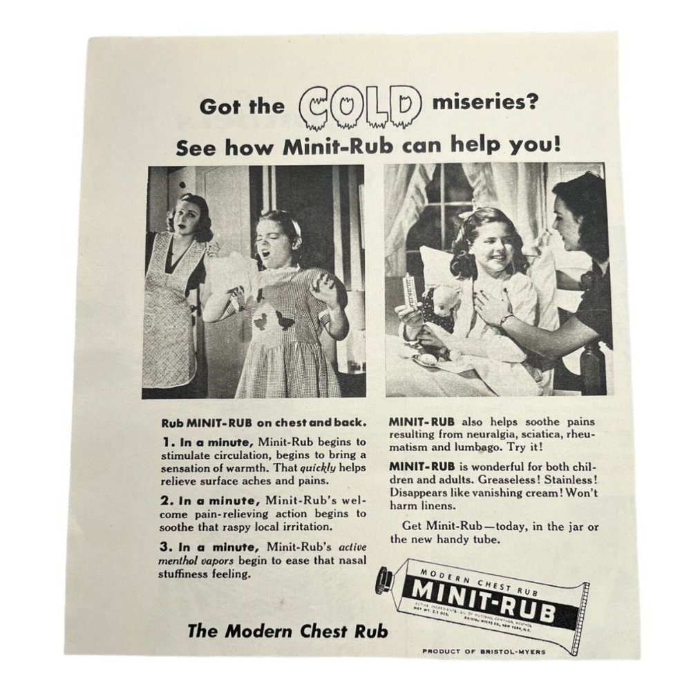 Vintage 1948 Minit Rub Print Ad Modern Chest Rub Bristol Myers Original Ad